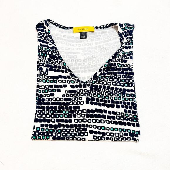 St. John Patterned Geometric V-Neck Short Sleeve Top Black White Blue Size Small - Picture 5 of 5